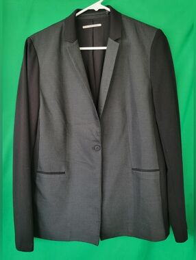 Tahari Mixed Media Blazer Black 2 Tone Women Size 10 Stretchy Jacket Suit Gray
